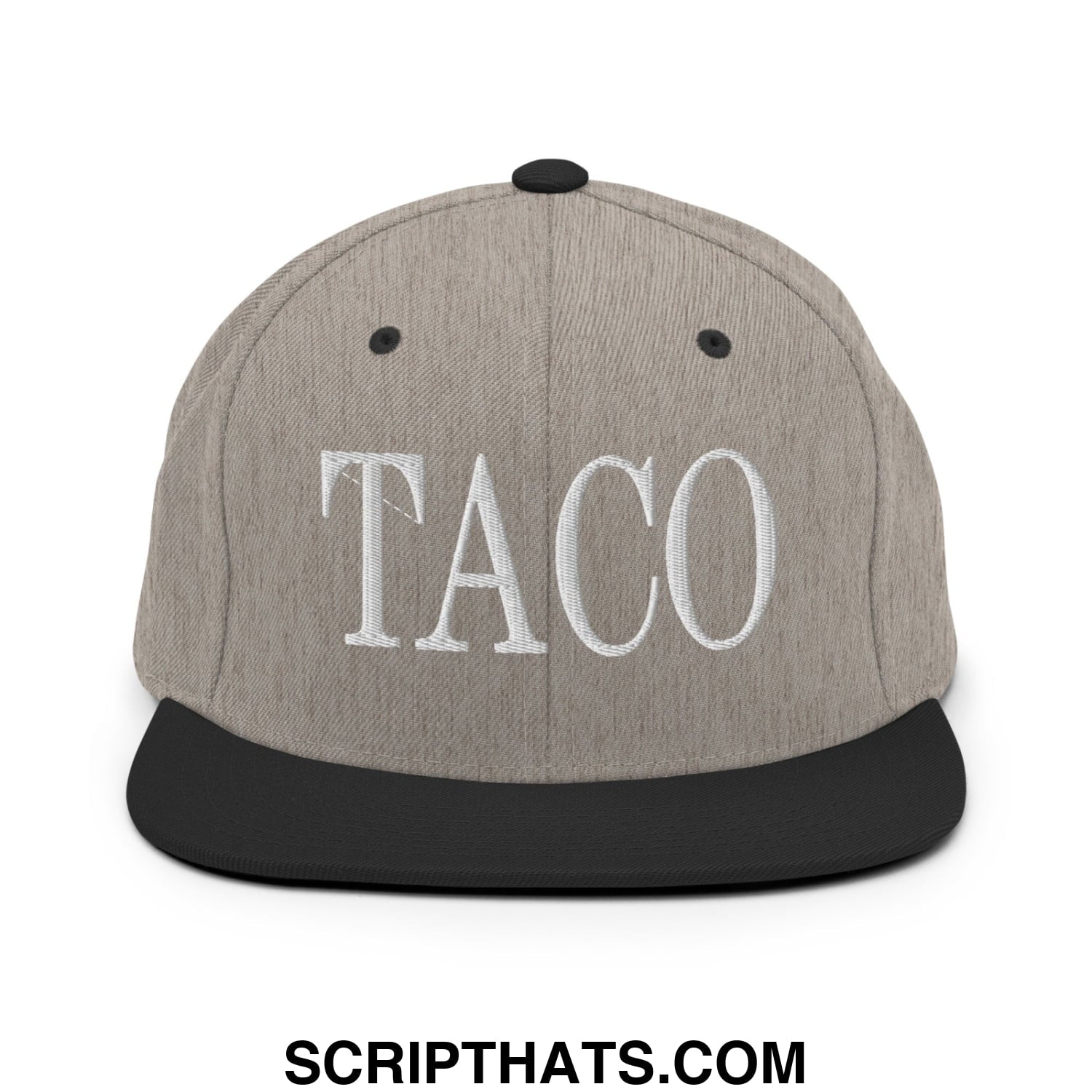 Gray and black snapback hat with white embroidered taco lettering and flat bill brim for casual wear