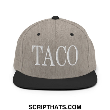 Gray and black snapback hat with white embroidered taco lettering and flat bill brim for casual wear