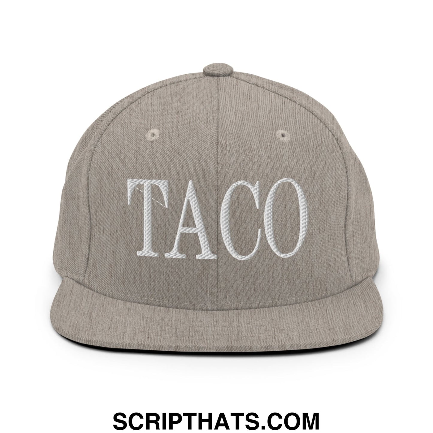 Gray snapback hat with white embroidered taco lettering and flat bill brim for casual wear