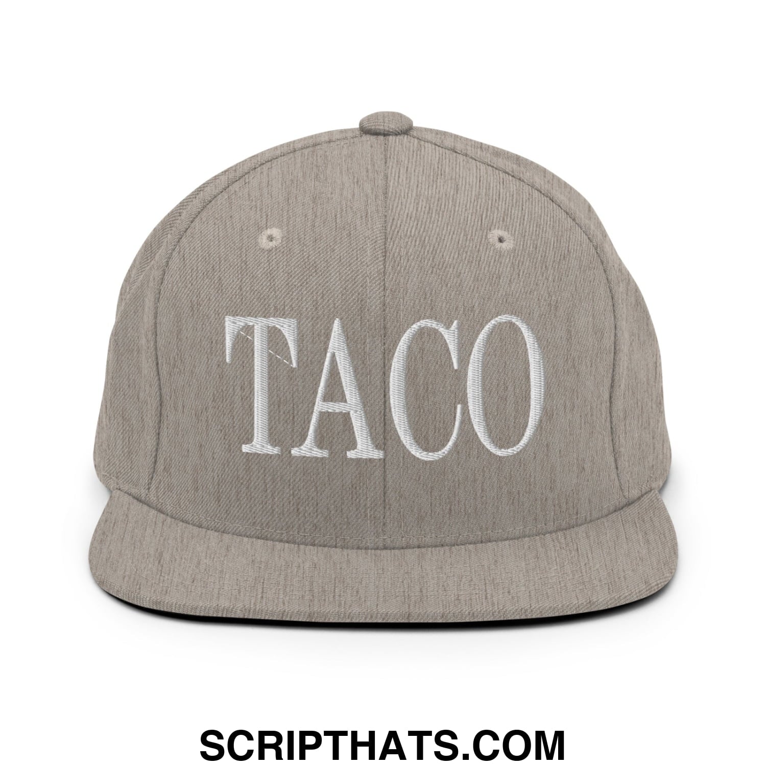 Gray snapback hat with white embroidered taco lettering and flat bill brim for casual wear