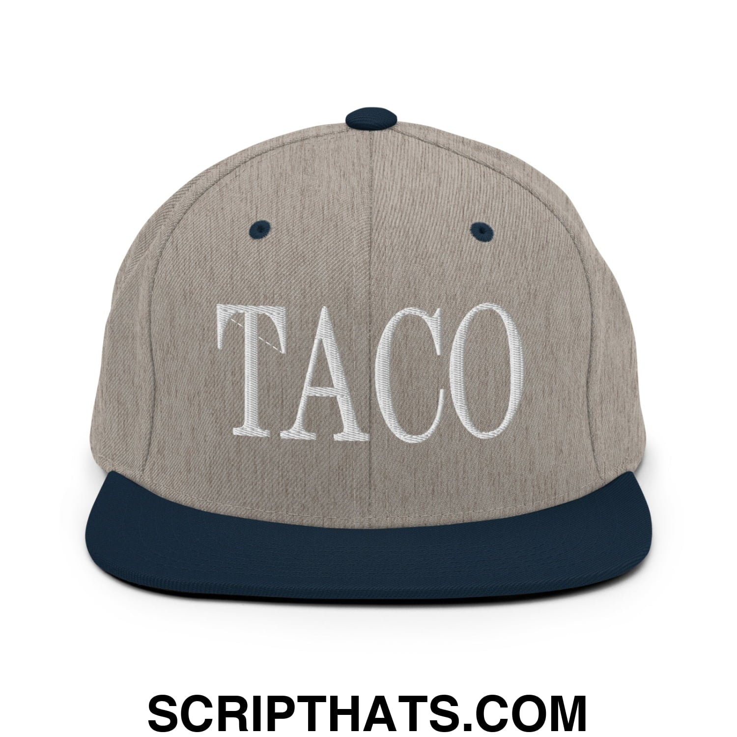 Taco Embroidered Flat Bill Brim Snapback Hat Heather Grey Navy