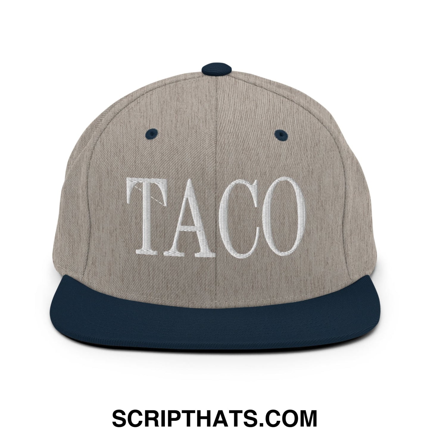 A gray and navy blue snapback hat with taco embroidered in white thread on the flat bill brim
