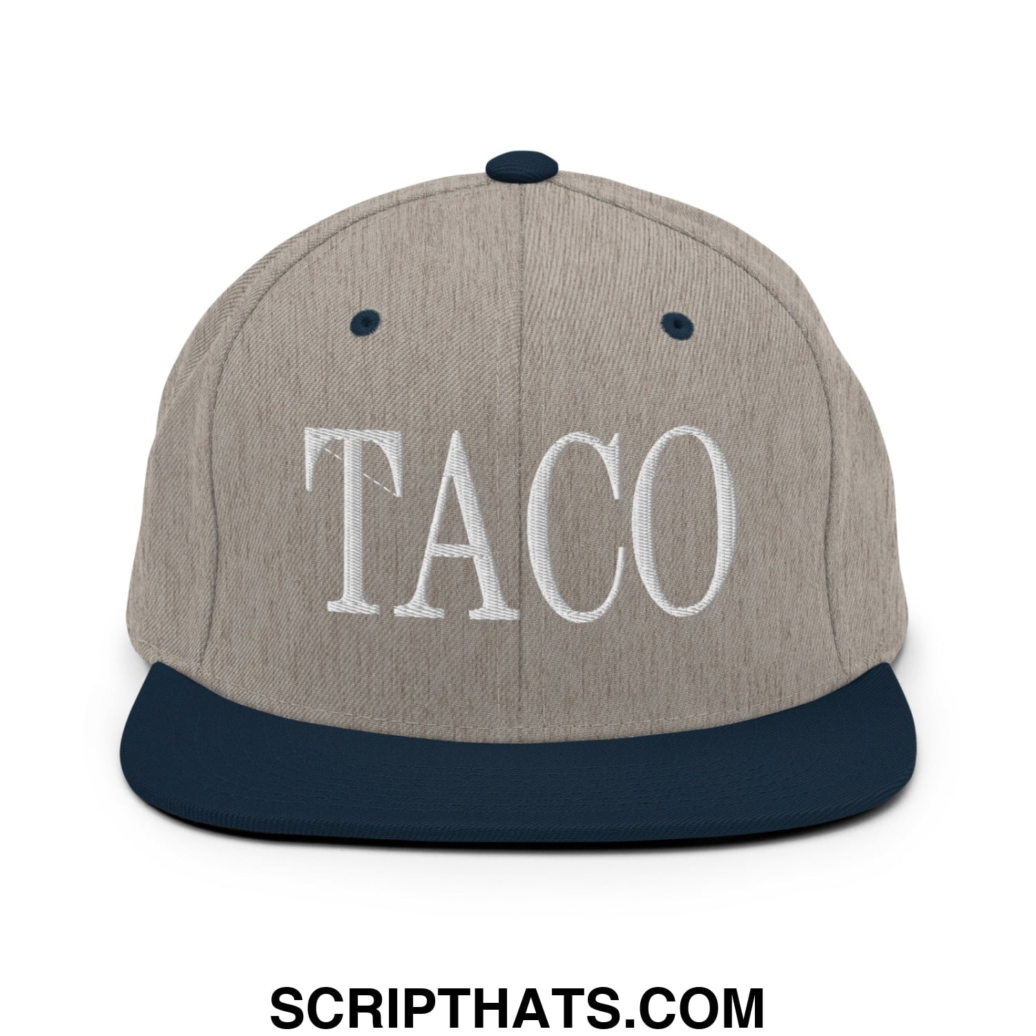 A gray and navy blue snapback hat with taco embroidered in white thread on the flat bill brim