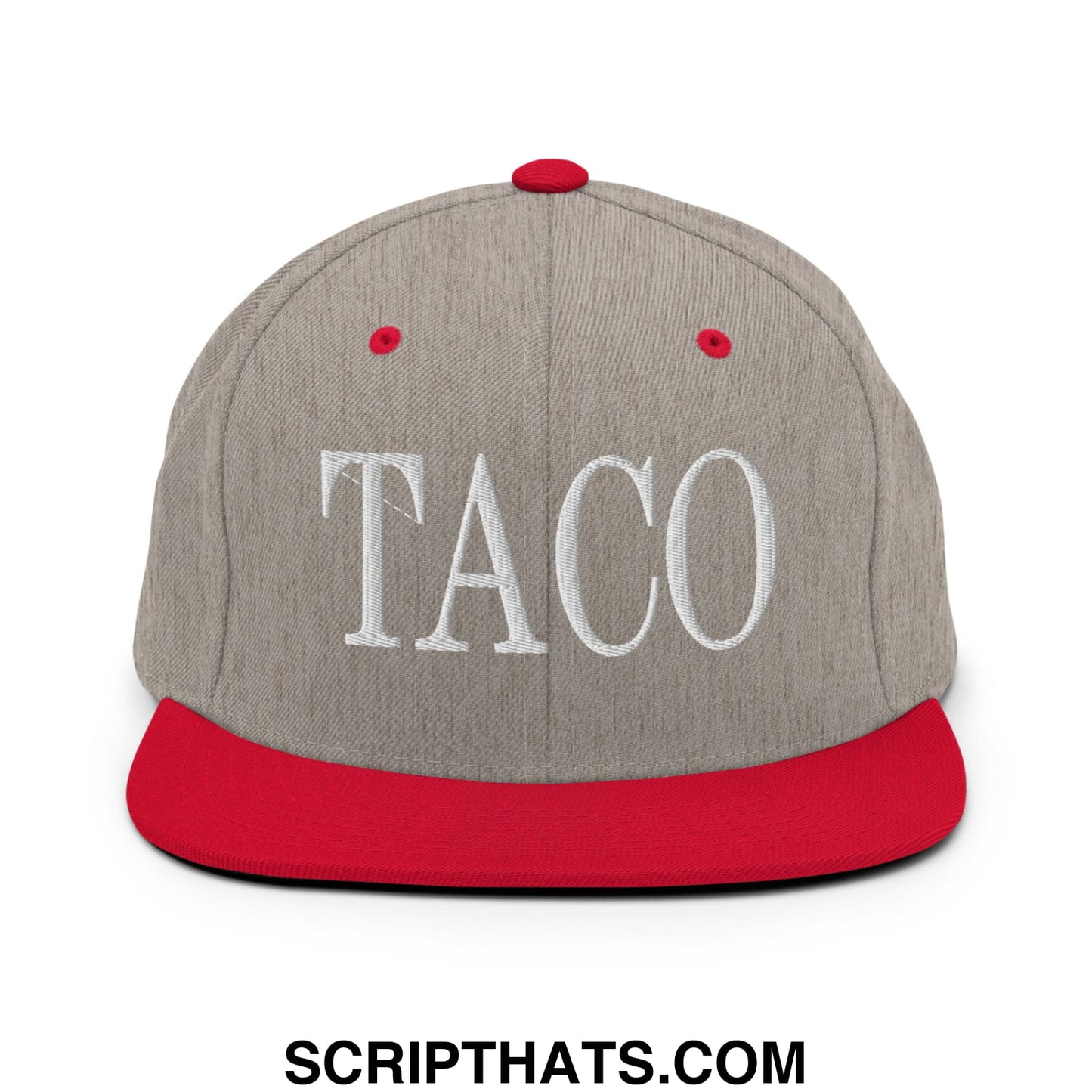 Gray and red snapback hat with a flat bill brim and white embroidered taco lettering on the front panel