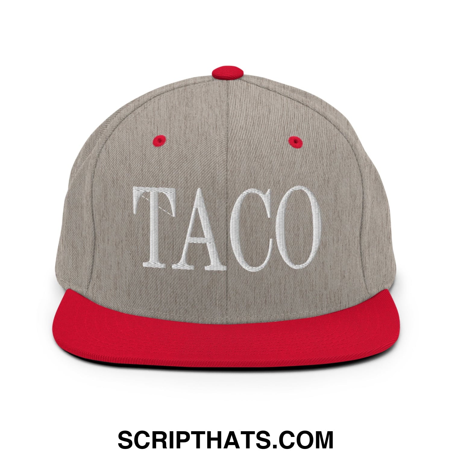 Gray and red snapback hat with a flat bill brim and white embroidered taco lettering on the front panel