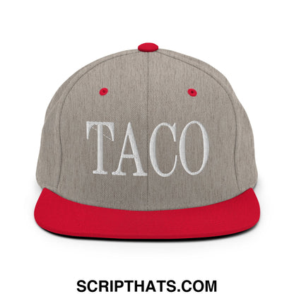 Gray and red snapback hat with a flat bill brim and white embroidered taco lettering on the front panel