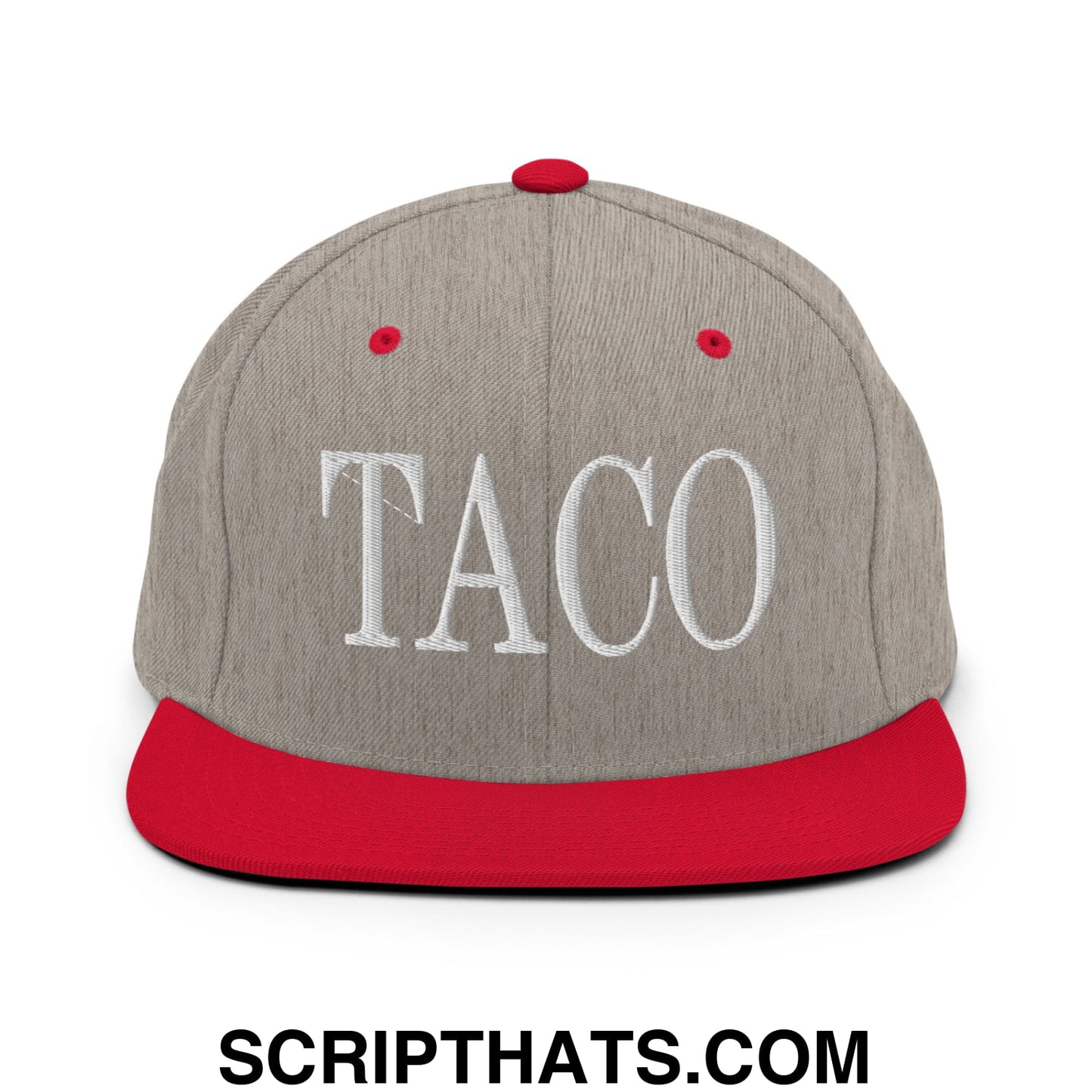 Taco Embroidered Flat Bill Brim Snapback Hat Heather Grey Red
