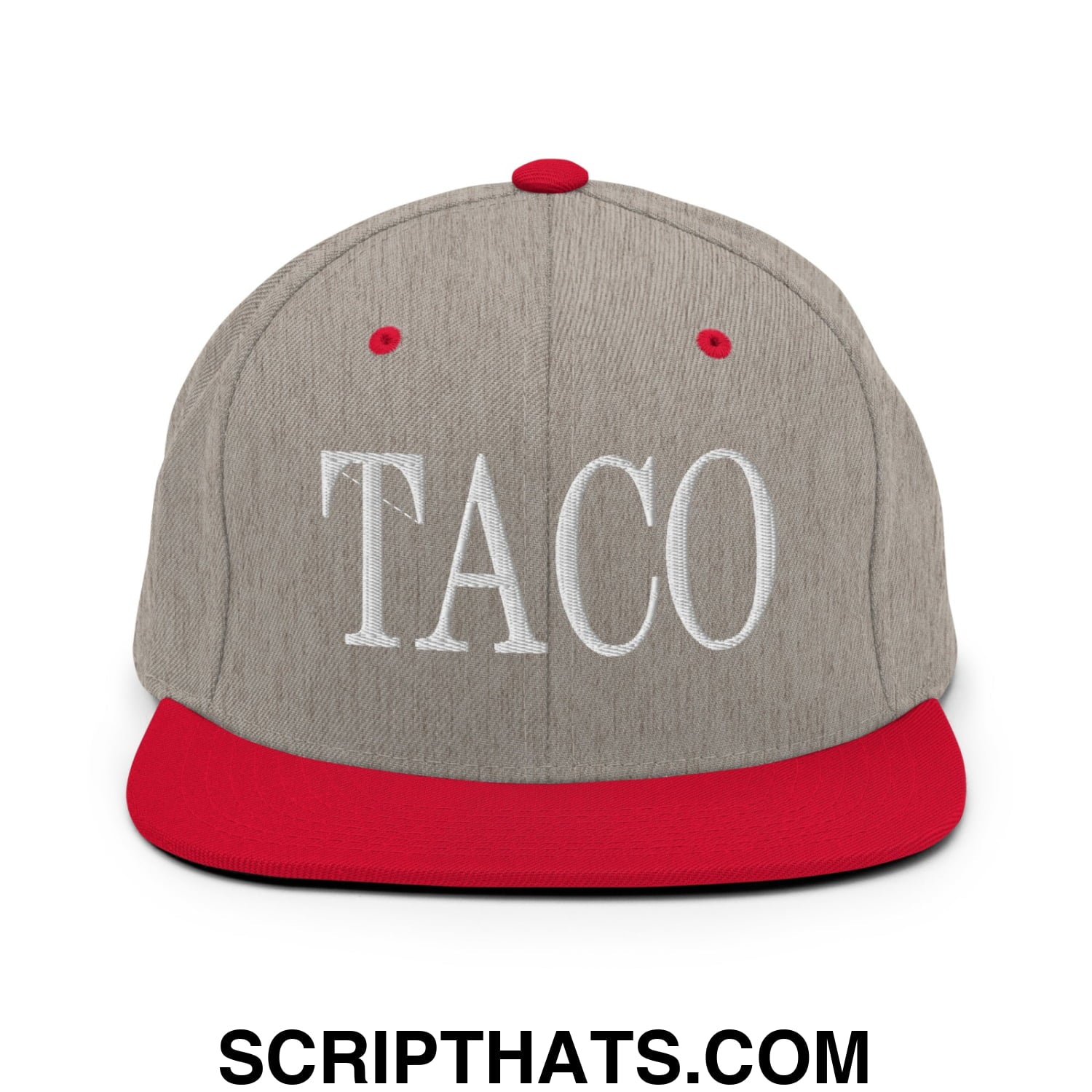 Taco Embroidered Flat Bill Brim Snapback Hat Heather Grey Red