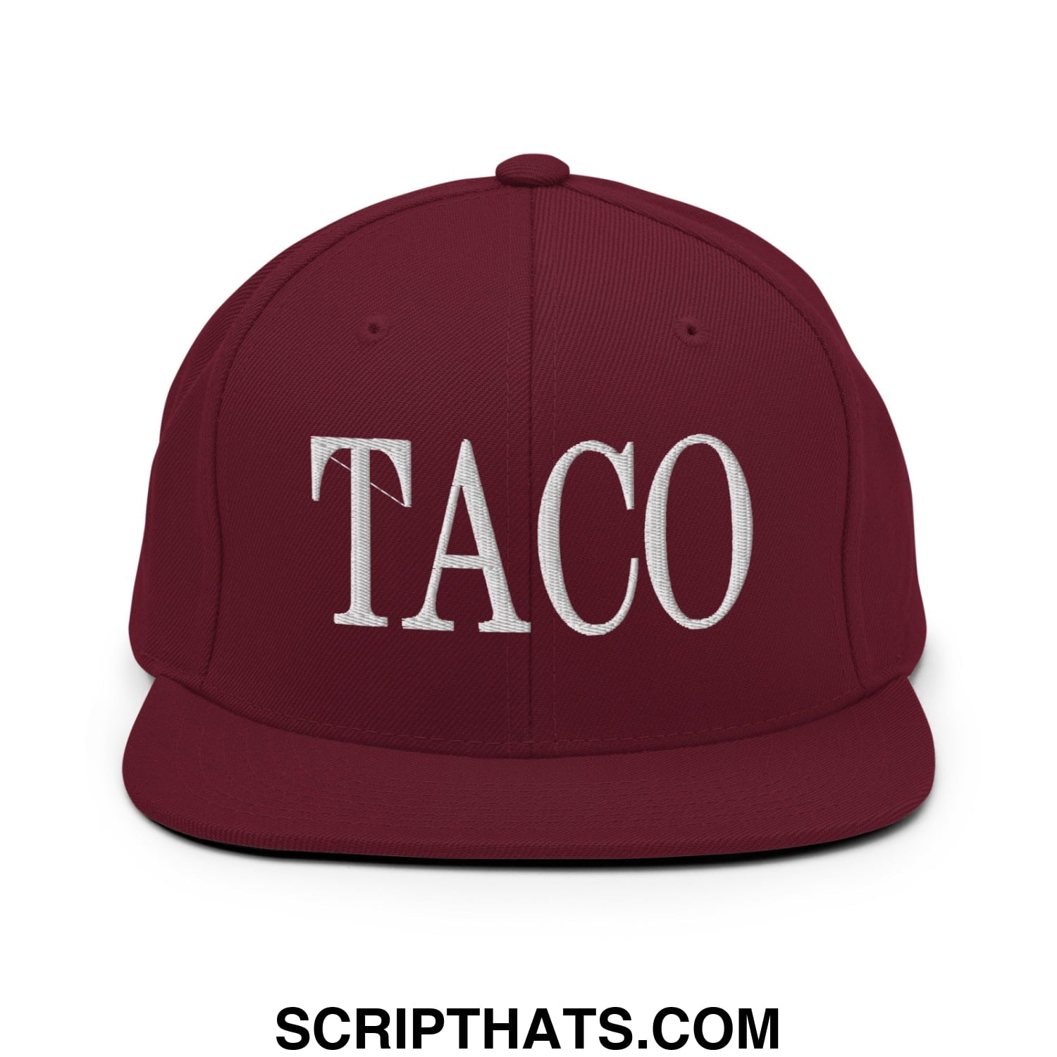 Maroon snapback hat with white embroidered taco lettering and flat bill brim perfect for casual wear