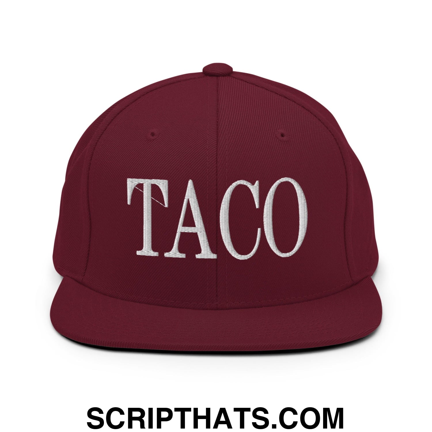 Taco Embroidered Flat Bill Brim Snapback Hat Maroon