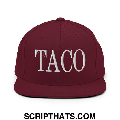 Taco Embroidered Flat Bill Brim Snapback Hat Maroon