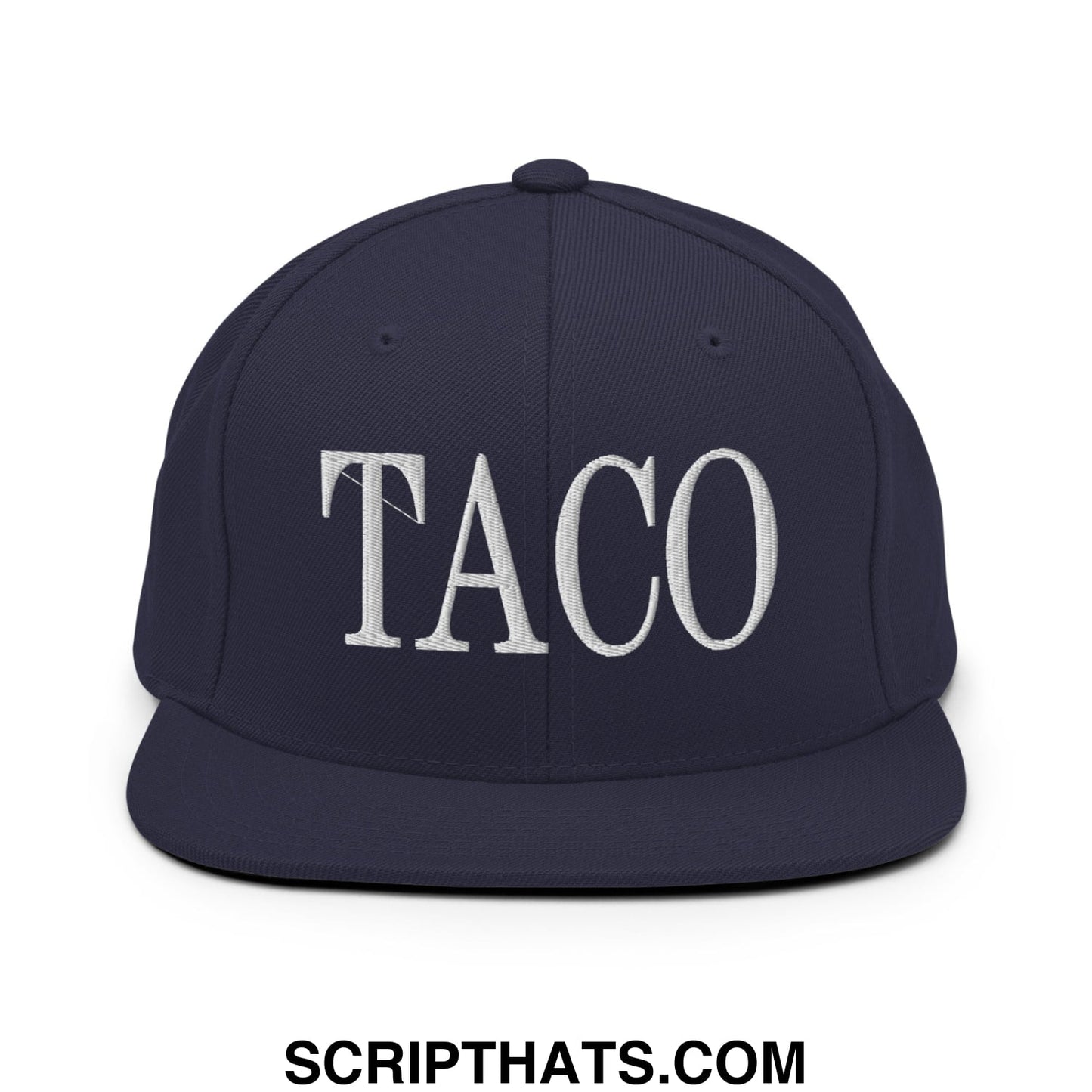 Navy blue snapback hat with white embroidered taco lettering and flat bill brim perfect for casual wear