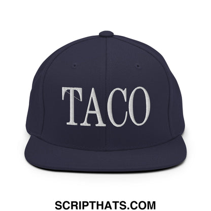 Navy blue snapback hat with white embroidered taco lettering and flat bill brim perfect for casual wear