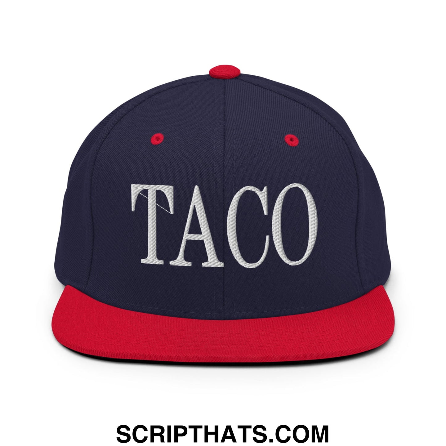 Navy blue and red snapback hat with white embroidered taco lettering and flat bill brim for casual wear