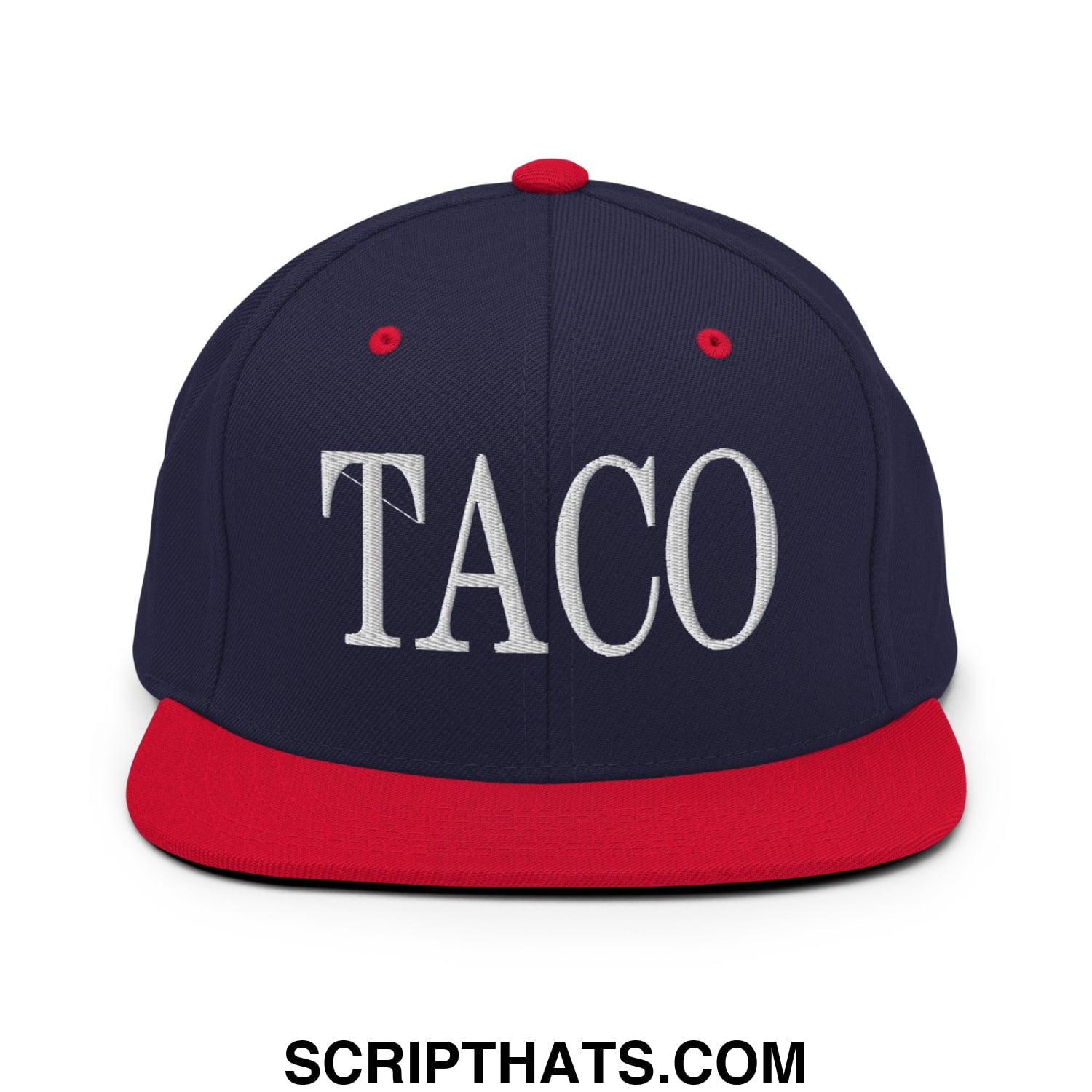 Navy blue and red snapback hat with white embroidered taco lettering and flat bill brim for casual wear