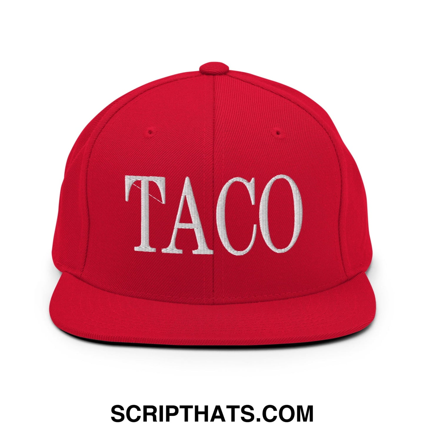 A vibrant red snapback hat with bold white embroidered taco lettering and a flat bill brim design