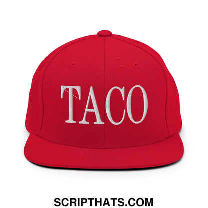 A vibrant red snapback hat with bold white embroidered taco lettering and a flat bill brim design