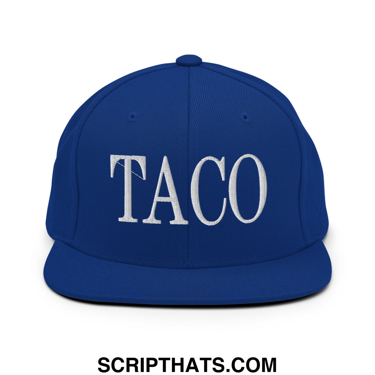 Royal blue snapback hat with white embroidered taco lettering and flat bill brim for casual wear