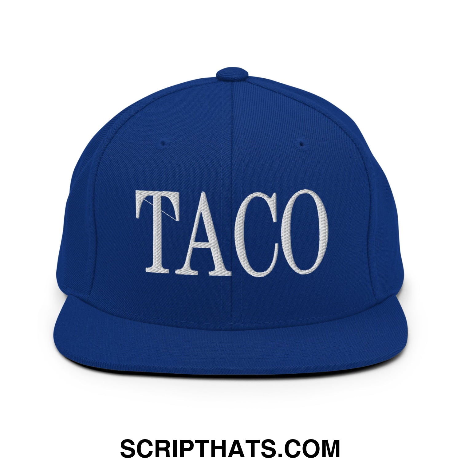 Royal blue snapback hat with white embroidered taco lettering and flat bill brim for casual wear