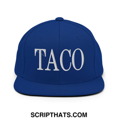 Royal blue snapback hat with white embroidered taco lettering and flat bill brim for casual wear