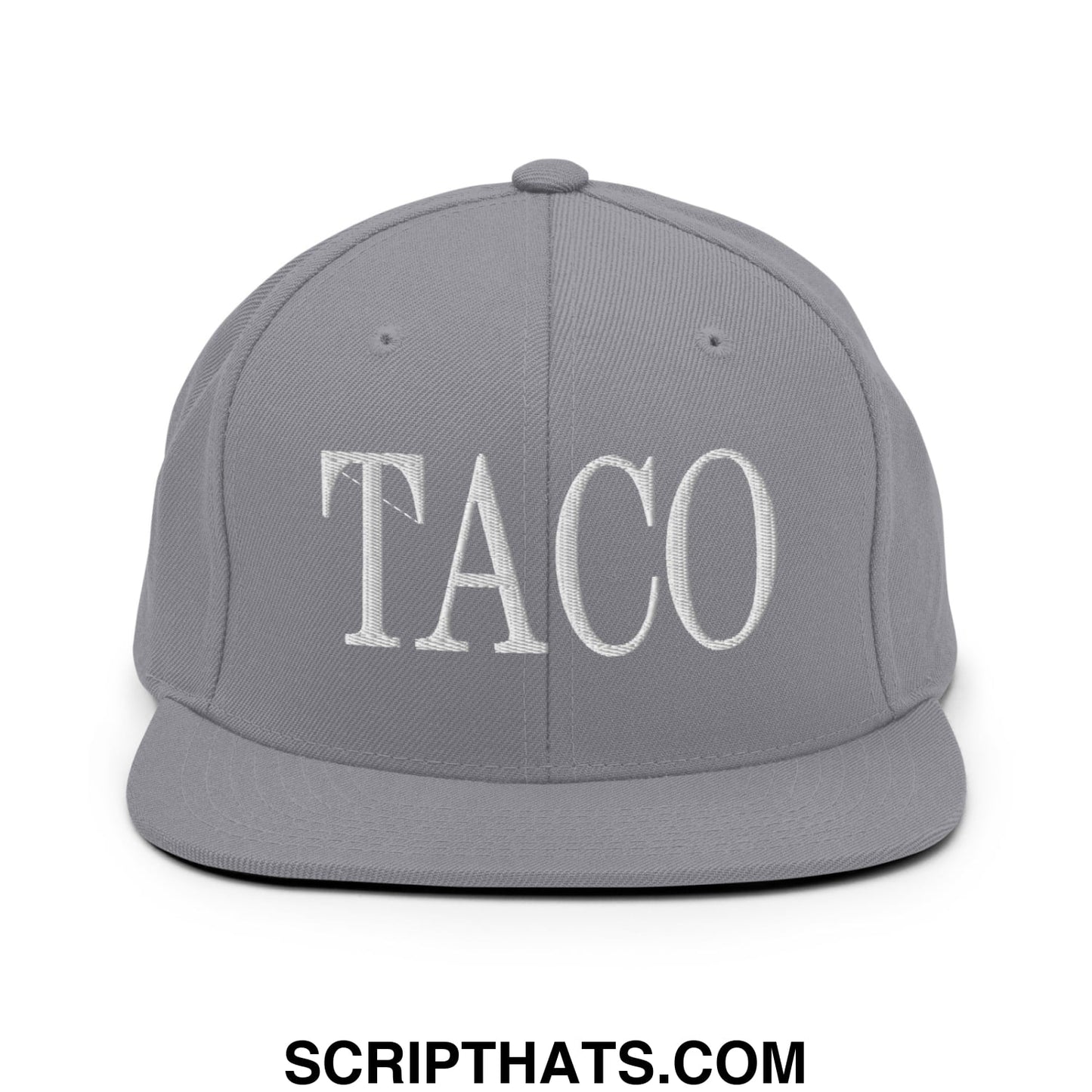 Gray flat bill brim snapback hat with white embroidered taco lettering for casual streetwear style