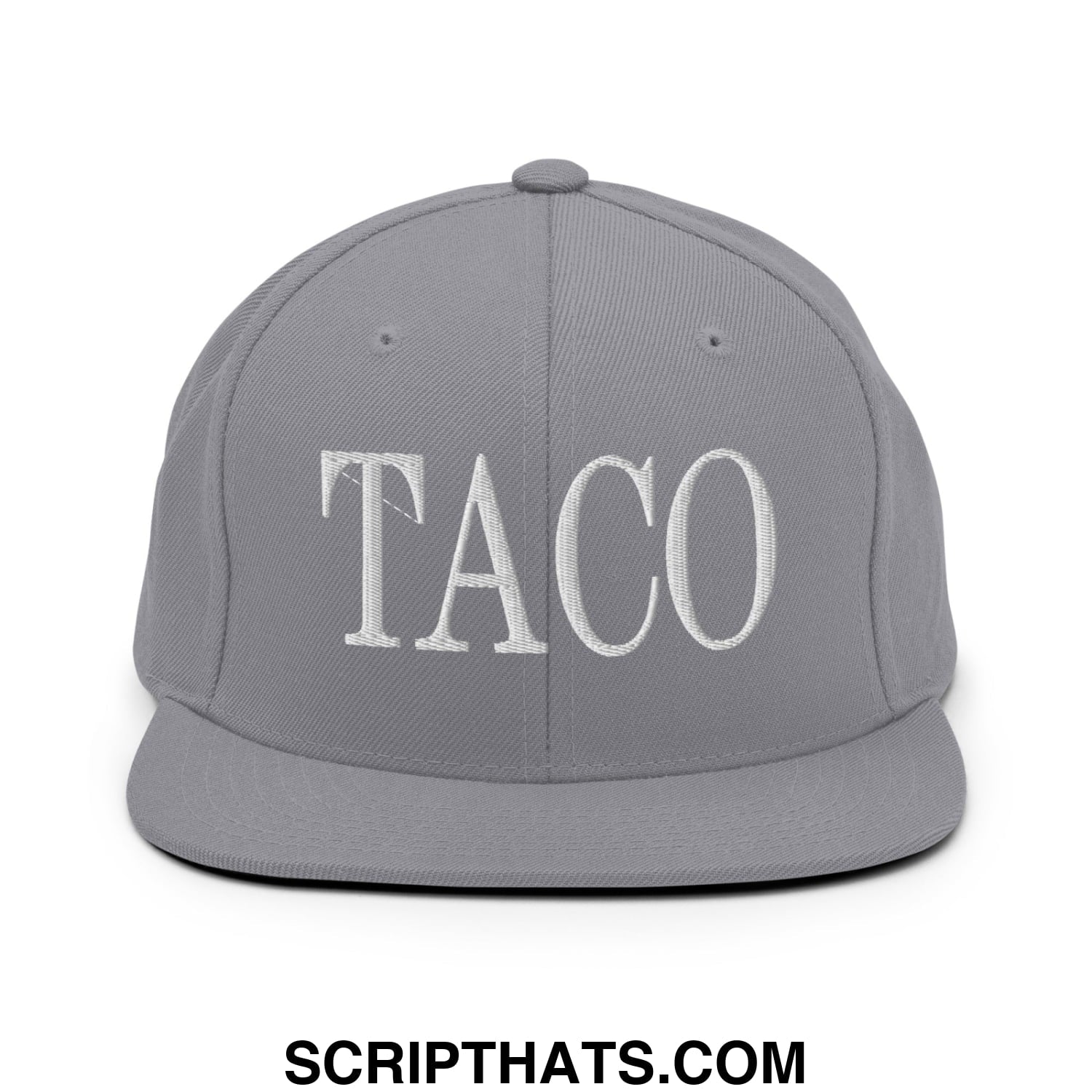 Gray flat bill brim snapback hat with white embroidered taco lettering for casual streetwear style