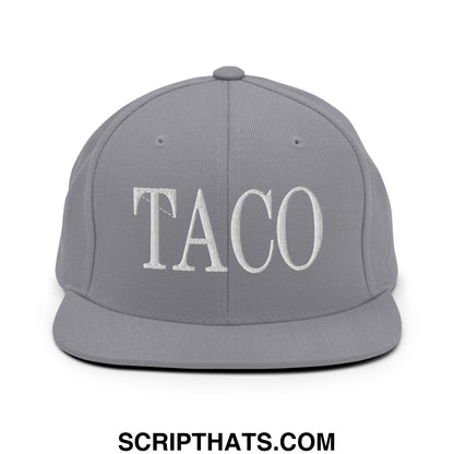 Gray flat bill brim snapback hat with white embroidered taco lettering for casual streetwear style