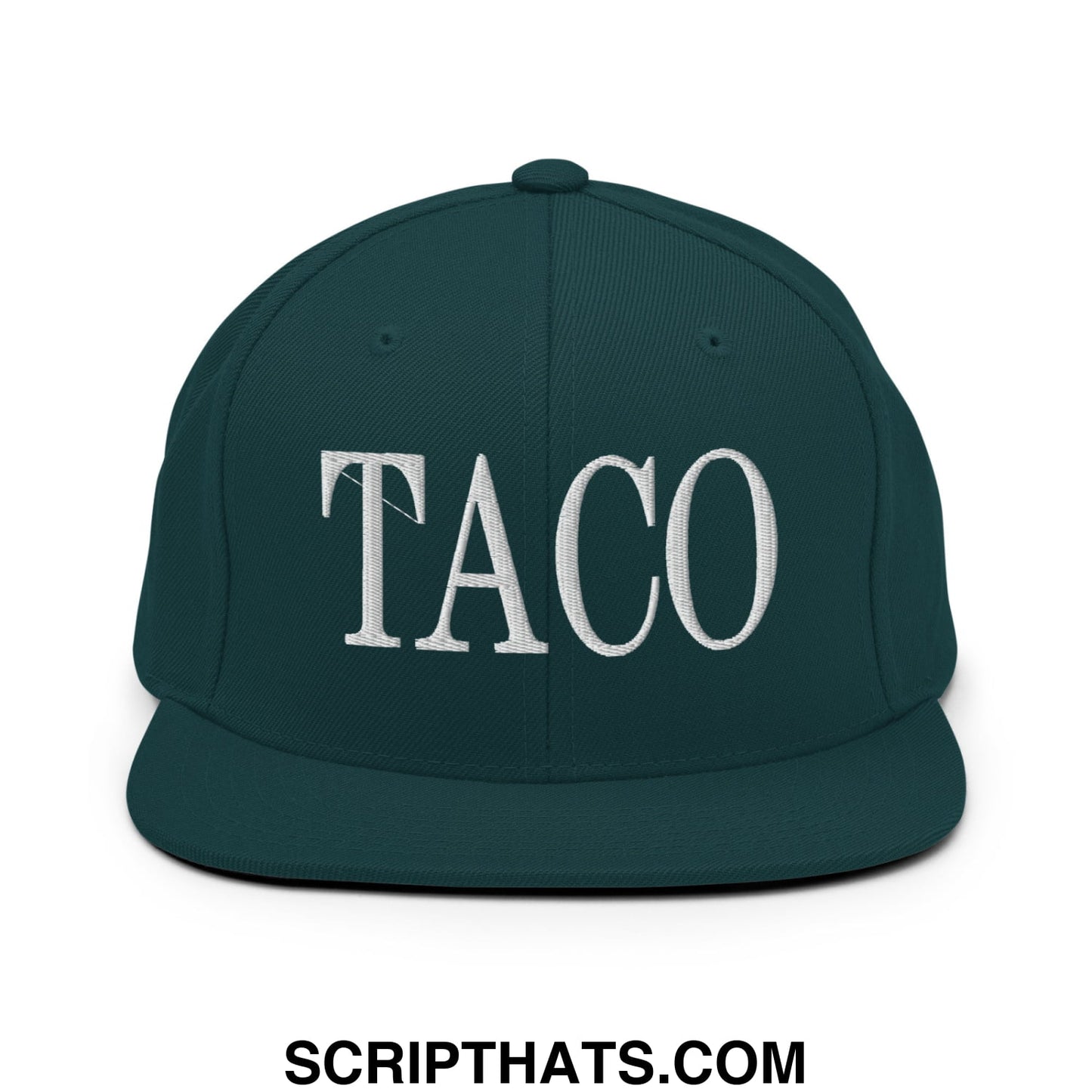 Dark green snapback hat with white embroidered taco lettering and flat bill brim for casual wear