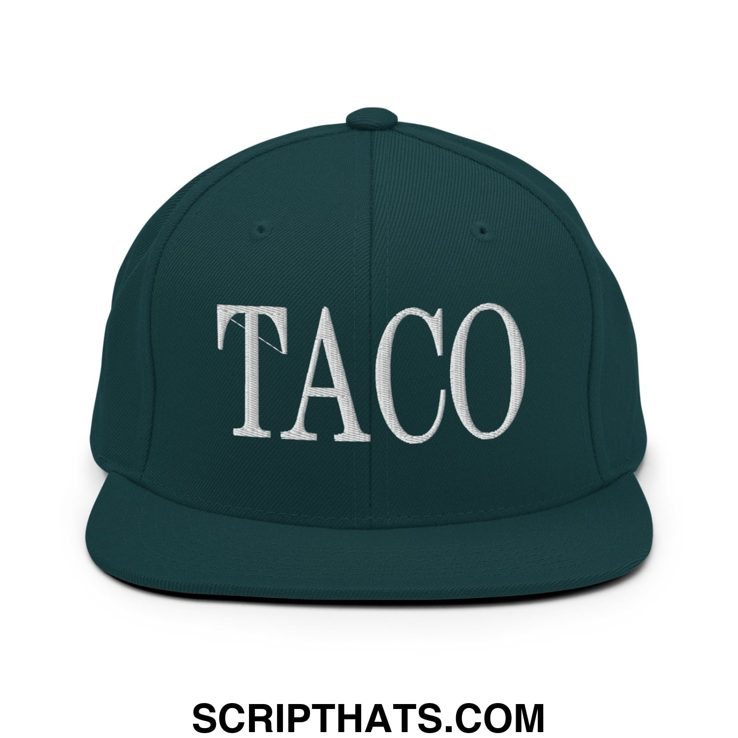 Dark green snapback hat with white embroidered taco lettering and flat bill brim for casual wear