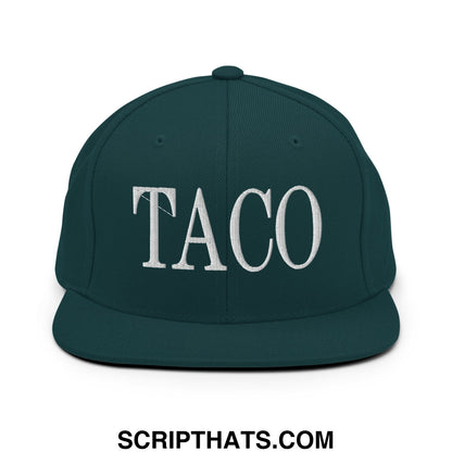 Dark green snapback hat with white embroidered taco lettering and flat bill brim for casual wear