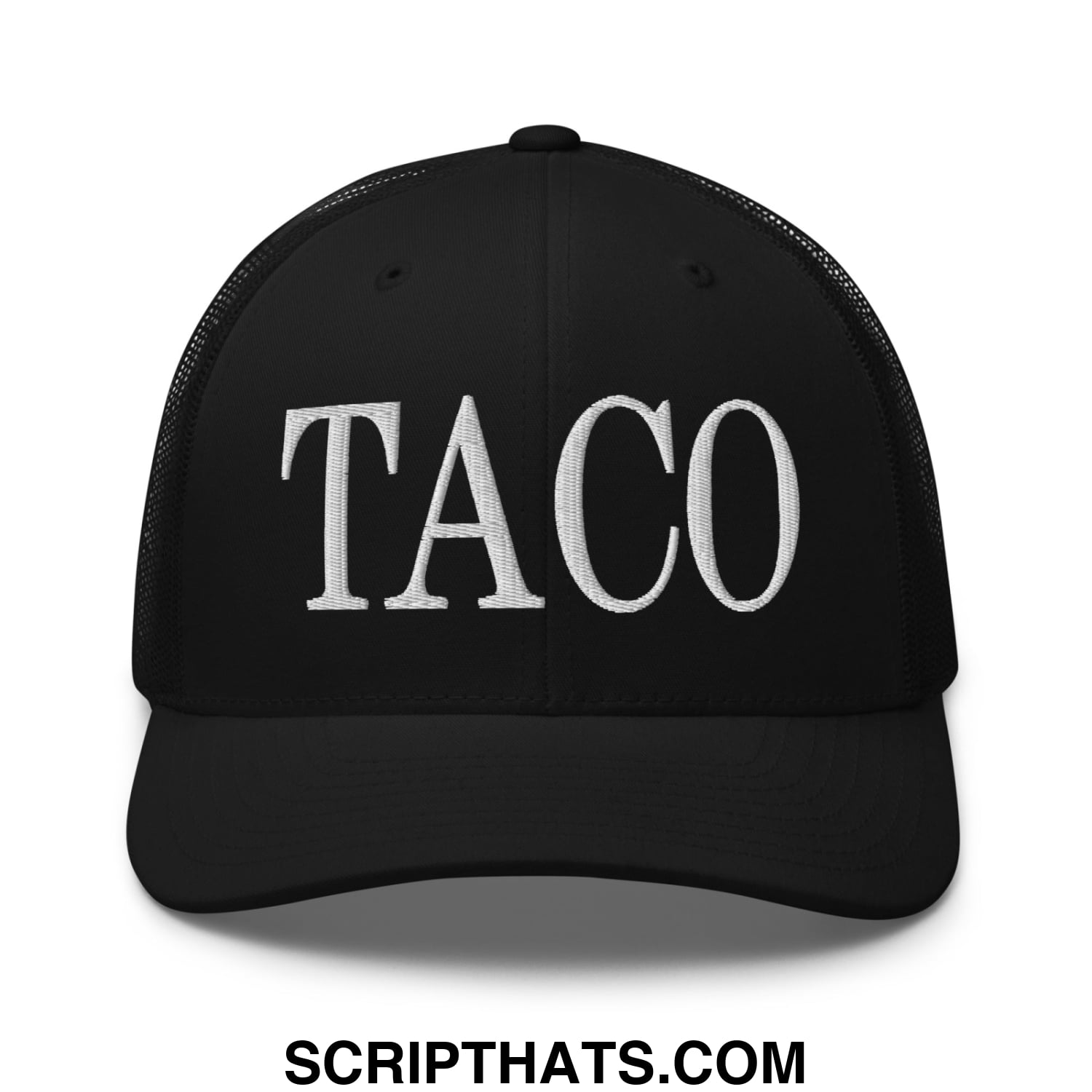Black mesh trucker hat with white embroidered taco lettering featuring breathable mesh back panel