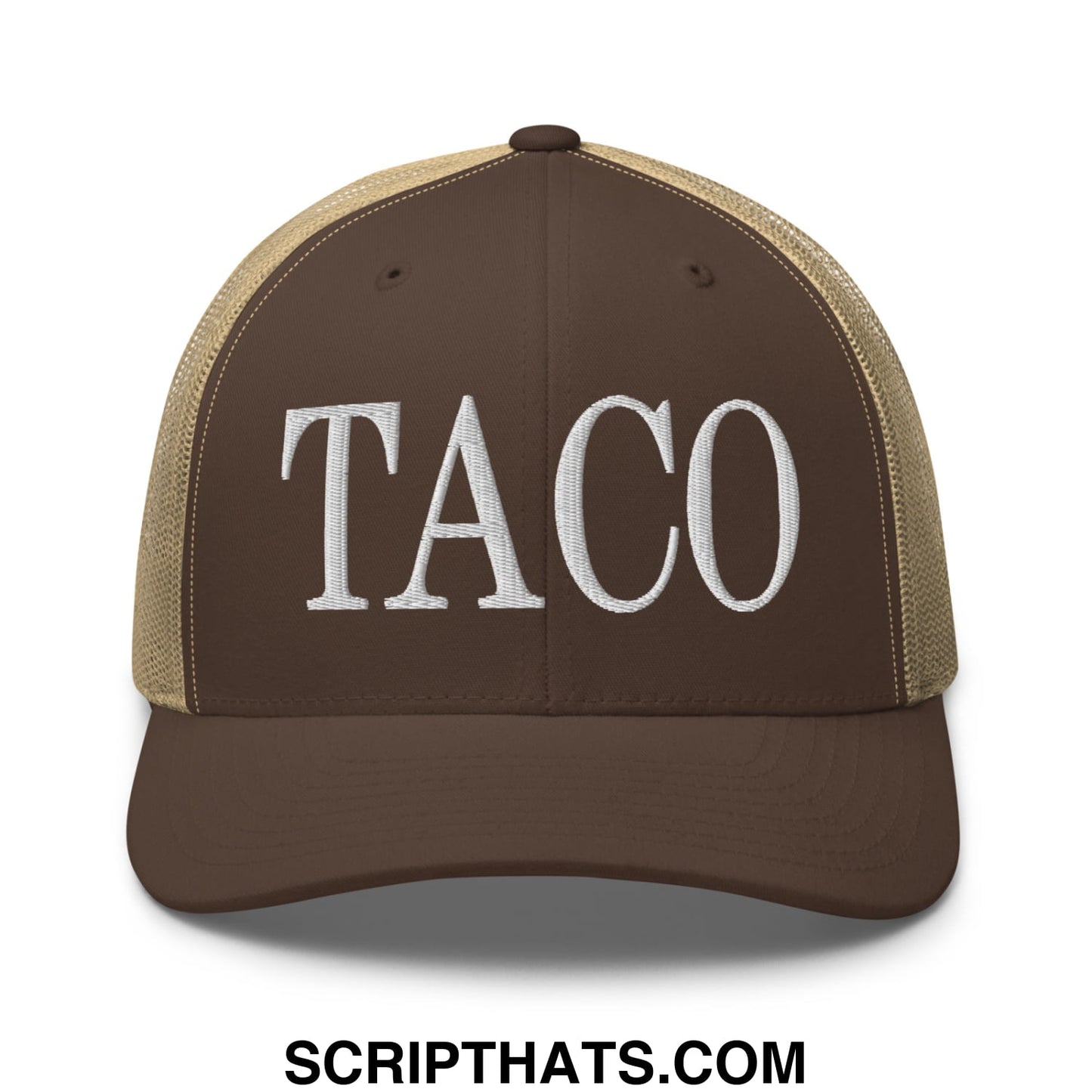 Brown and tan mesh trucker hat with white embroidered taco lettering in a breathable casual style