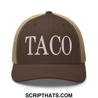 Brown and tan mesh trucker hat with white embroidered taco lettering in a breathable casual style