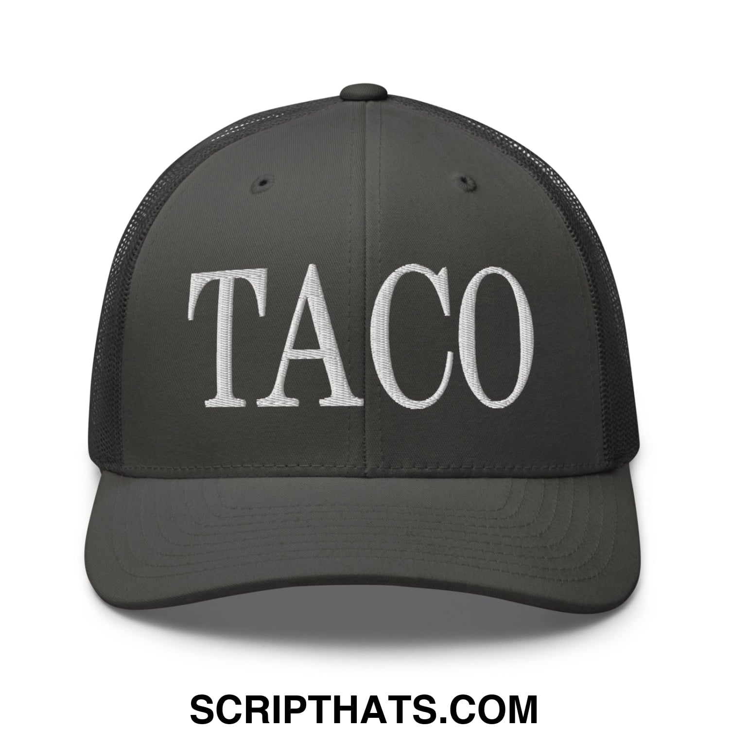 Dark gray mesh trucker hat with white embroidered taco lettering designed for casual wear
