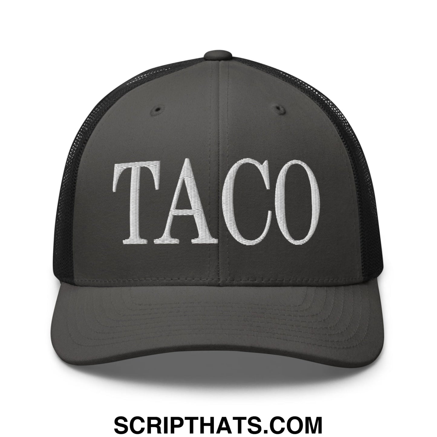 Dark gray mesh trucker hat with white embroidered taco lettering across the front for casual wear
