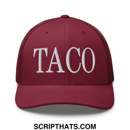 Maroon mesh trucker hat with white embroidered taco lettering in a breathable casual design