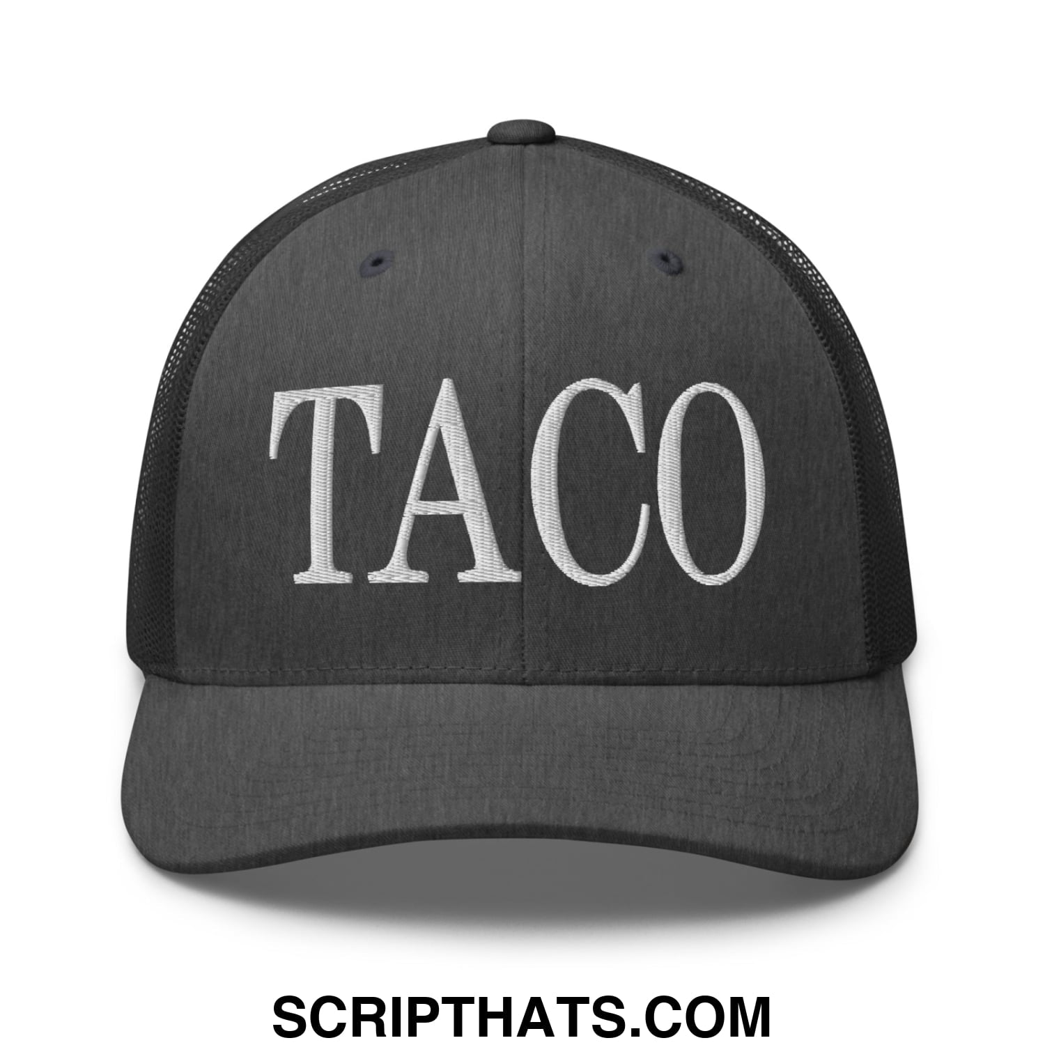 Black mesh trucker hat with white embroidered taco lettering perfect for casual outdoor wear
