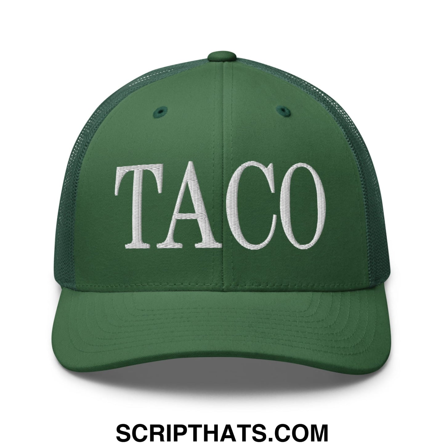 A dark green mesh trucker hat with white embroidered taco lettering across the front for casual wear
