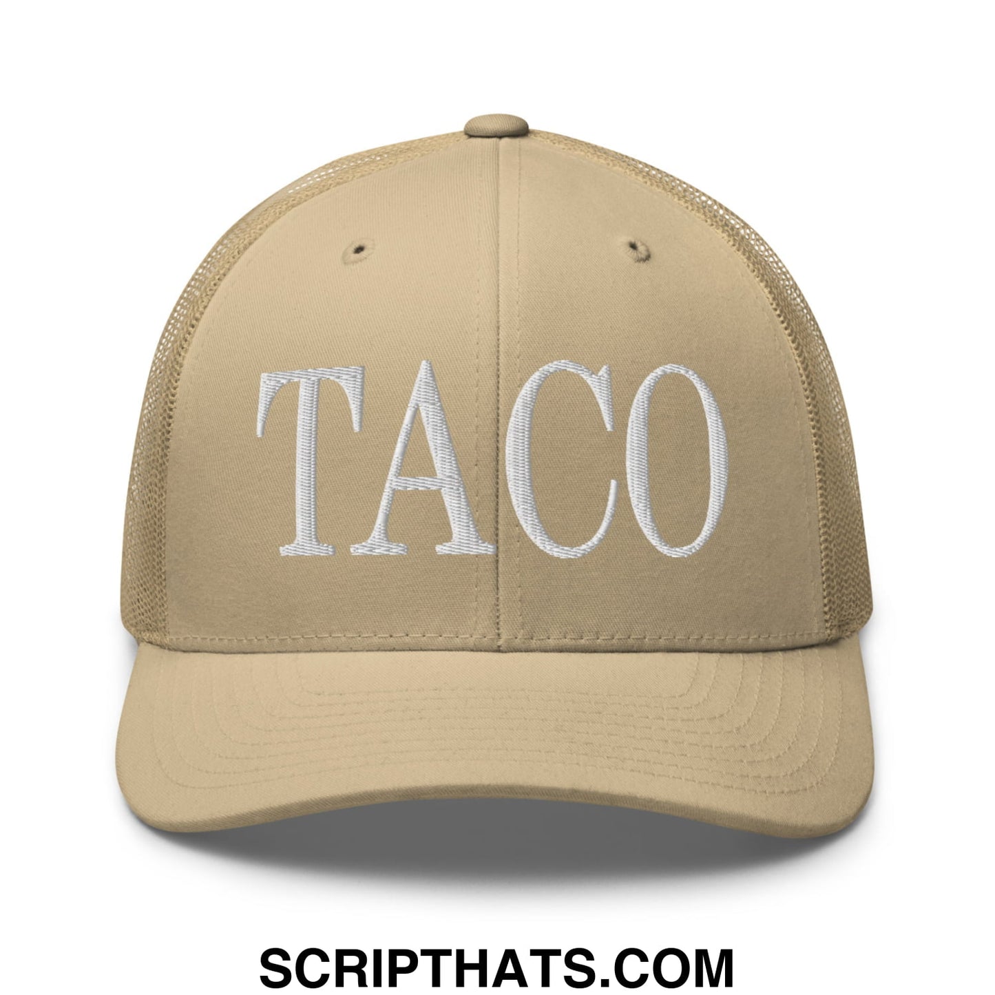 Beige mesh trucker hat with white embroidered taco lettering in a breathable casual style