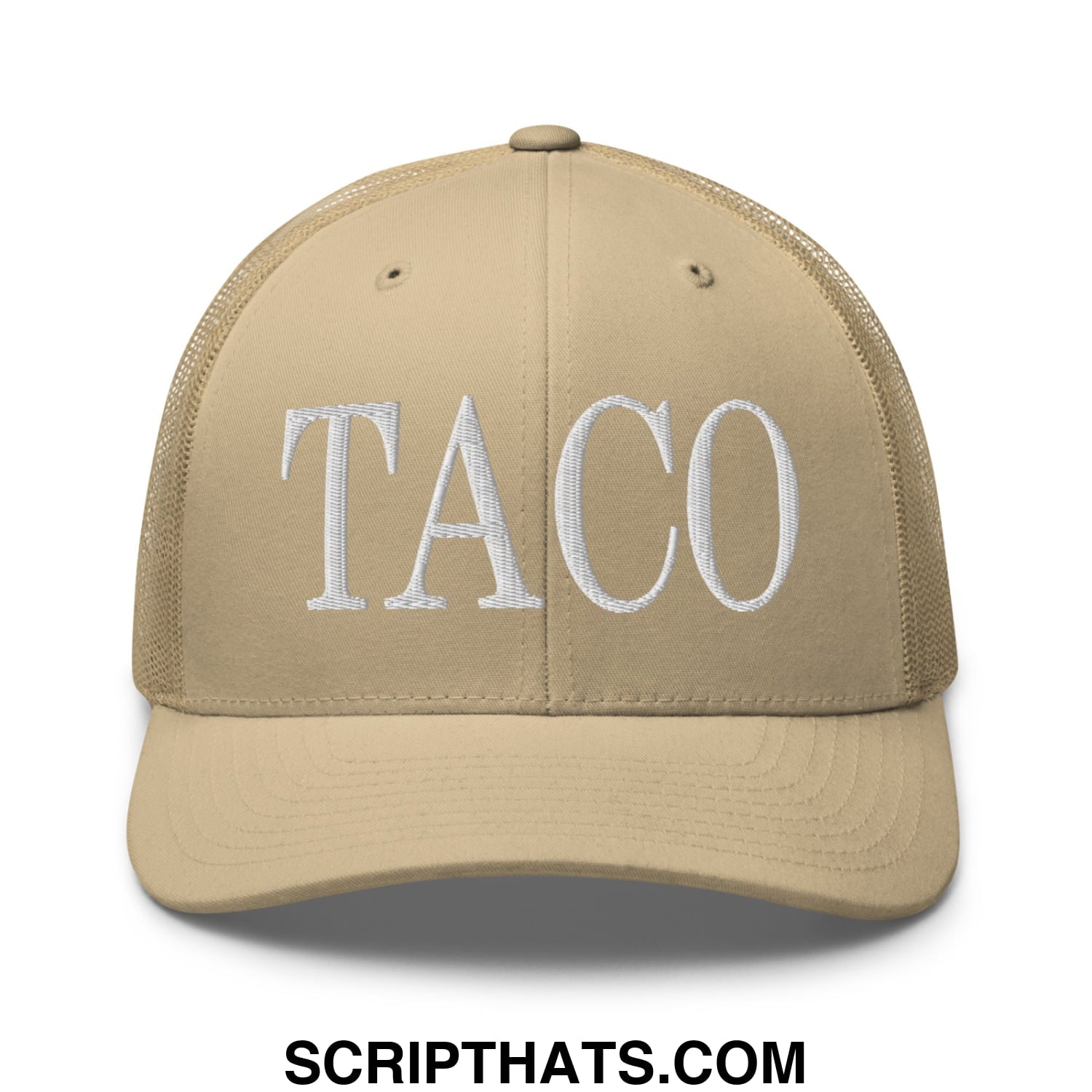 Beige mesh trucker hat with white embroidered taco lettering in a breathable casual style