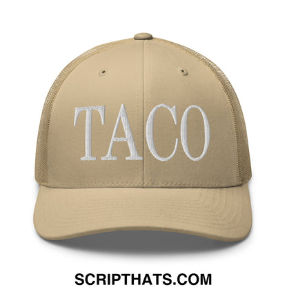 Beige mesh trucker hat with white embroidered taco lettering in a breathable casual style