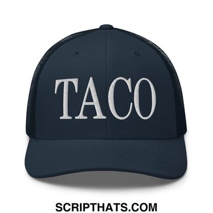 Dark navy mesh trucker hat with white embroidered taco lettering featuring breathable mesh panels