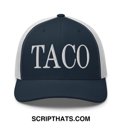 Navy blue and white mesh trucker hat with taco embroidered in bold stitched letters on the front panel