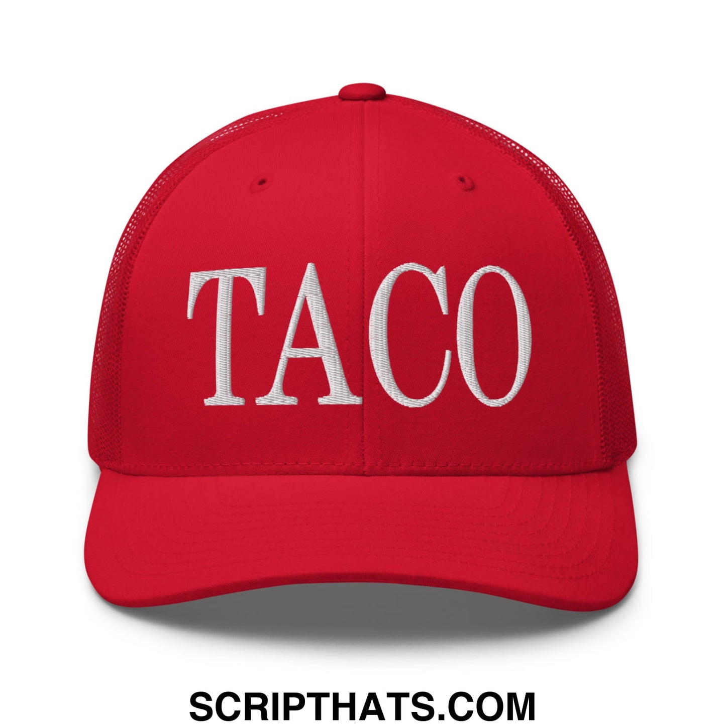 Red mesh trucker hat with white embroidered taco lettering in a breathable casual design