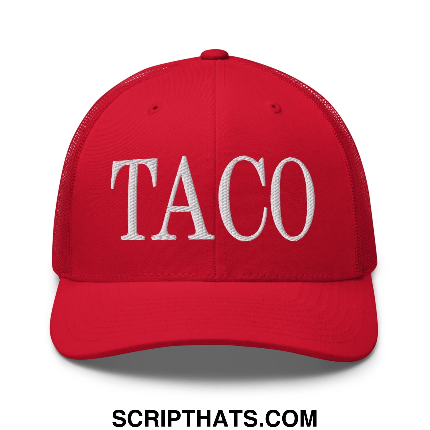 Red mesh trucker hat with white embroidered taco lettering in a breathable casual design