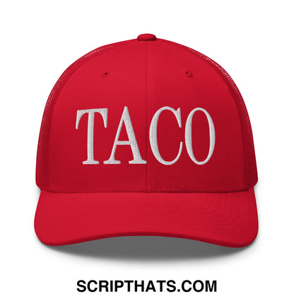 Red mesh trucker hat with white embroidered taco lettering in a breathable casual design