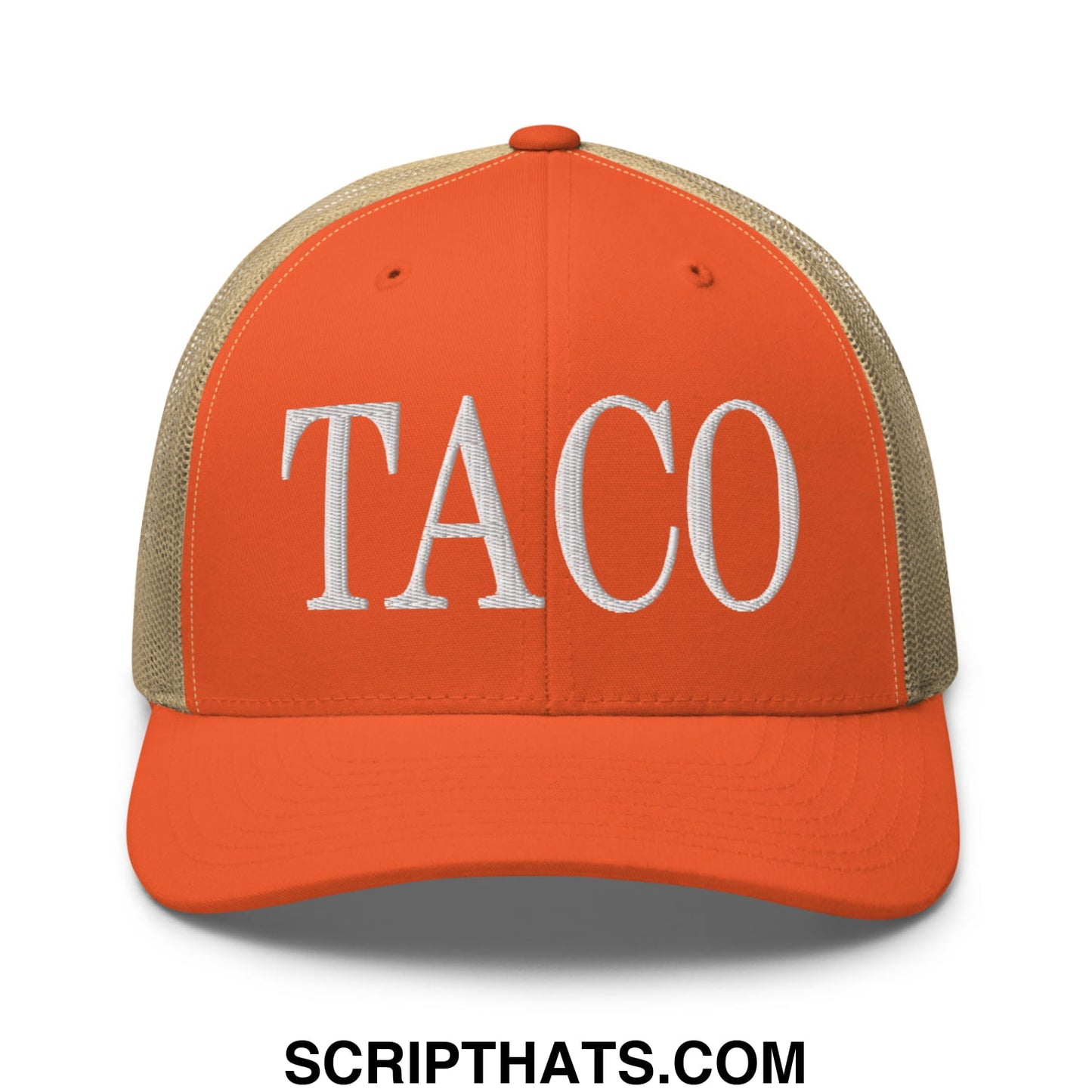 Orange and beige mesh trucker hat with white embroidered taco lettering in a casual style