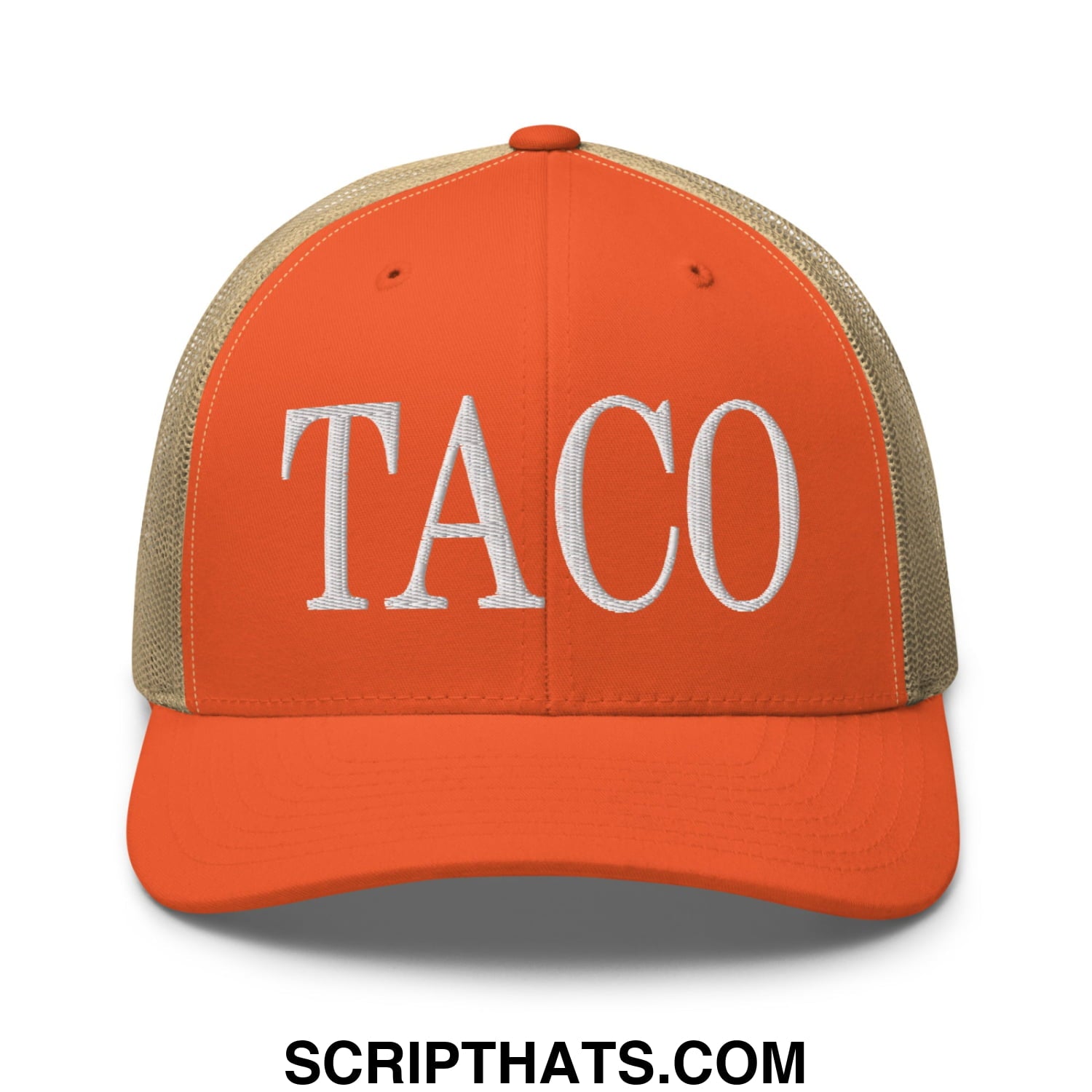 Orange and beige mesh trucker hat with white embroidered taco lettering in a casual style