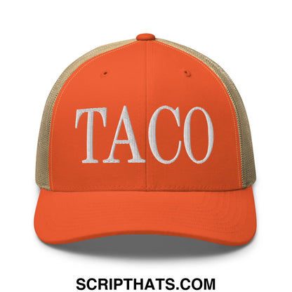 Orange and beige mesh trucker hat with white embroidered taco lettering in a casual style