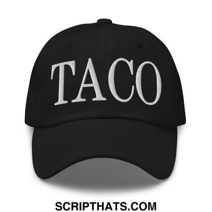 Black unstructured dad hat with white embroidered taco lettering ideal for casual wear
